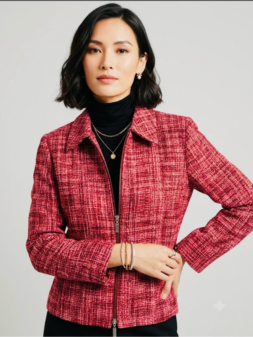 Austin Reed Petite 100% Silk Tweed Zip Jacket Red Pink Textured Blazer 10P - Picture 1 of 14
